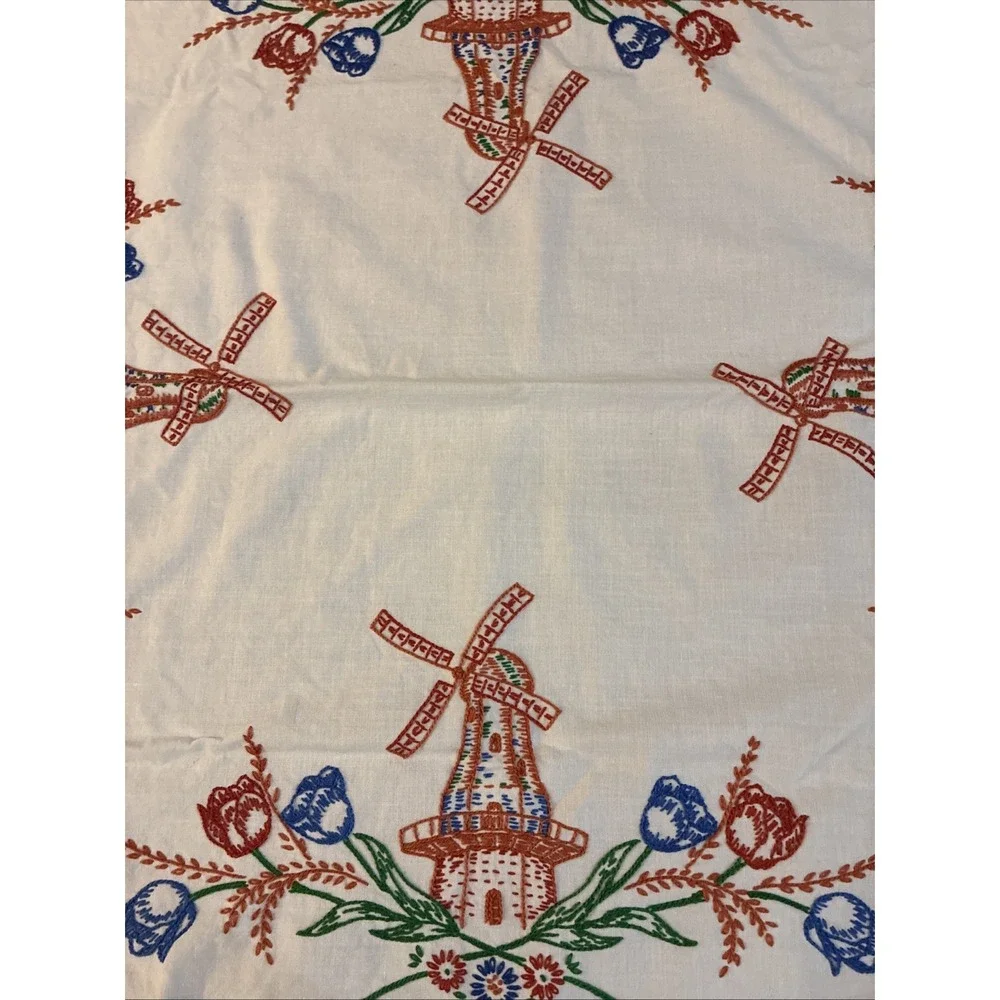 VTG White Linen Table Topper Hand Embroidered Tulips Windmills 32x33